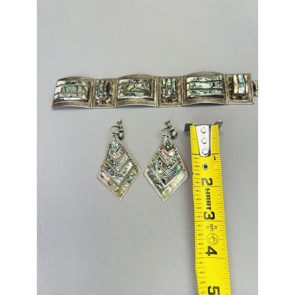Sterling‎ Silver Set Of Mexican Cuff Bracelet And Dangle Earrings .925 Fan Fan - Picture 4 of 6